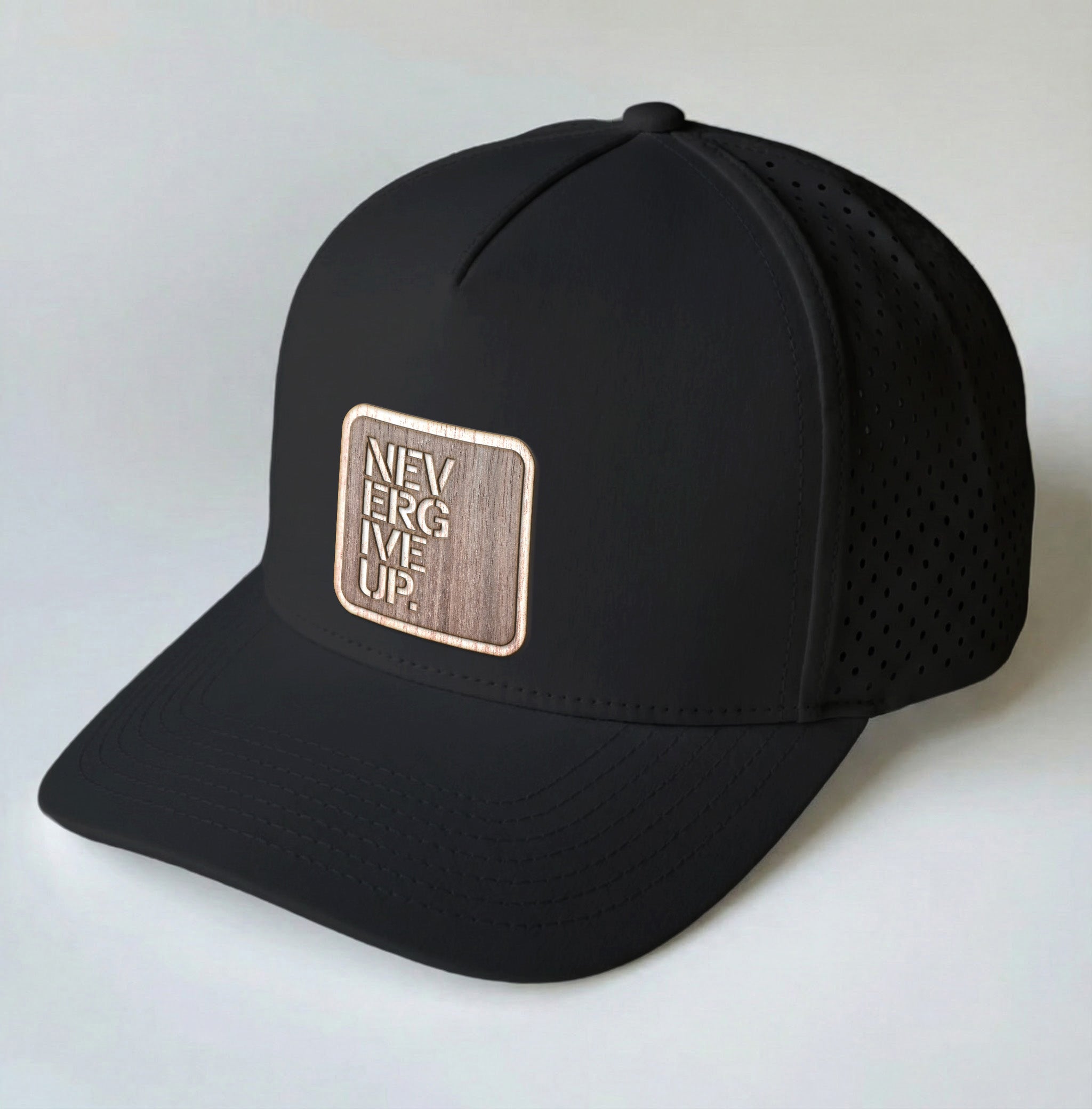 NEVER GIVE UP Real Wood Patch Hat