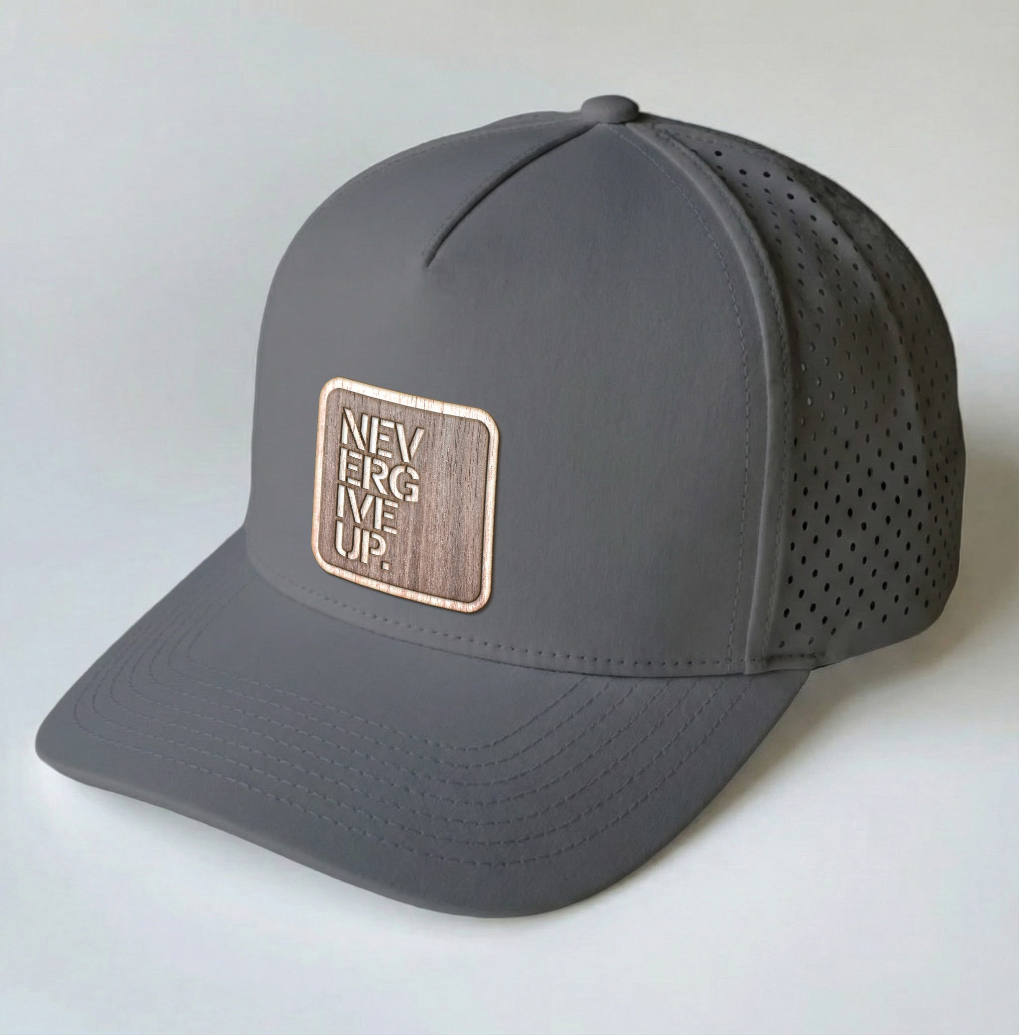 NEVER GIVE UP Real Wood Patch Hat